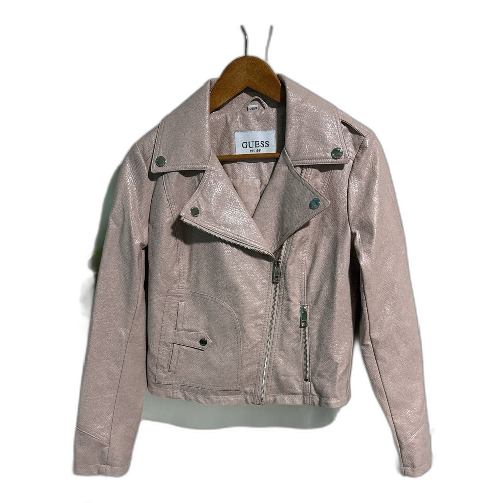 GUESS Moto Jacket Women’s Small Beige Faux Leather Snake Print Cropped Biker